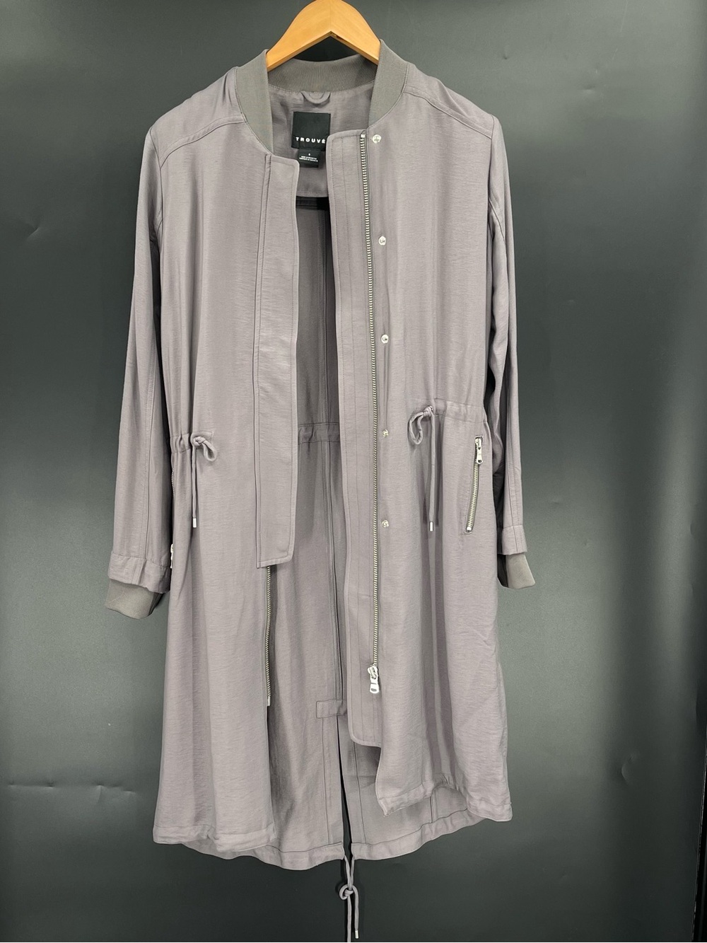 Trouve Long Dust Gray Trench Utility Coat Drawstring Jacket Streetwear Gorpcore